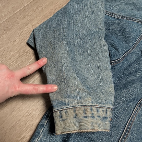 Vintage Faded Glory Mens L Blue Denim Hooded Jacket Quilted Lined Distressed - Picture 11 of 11